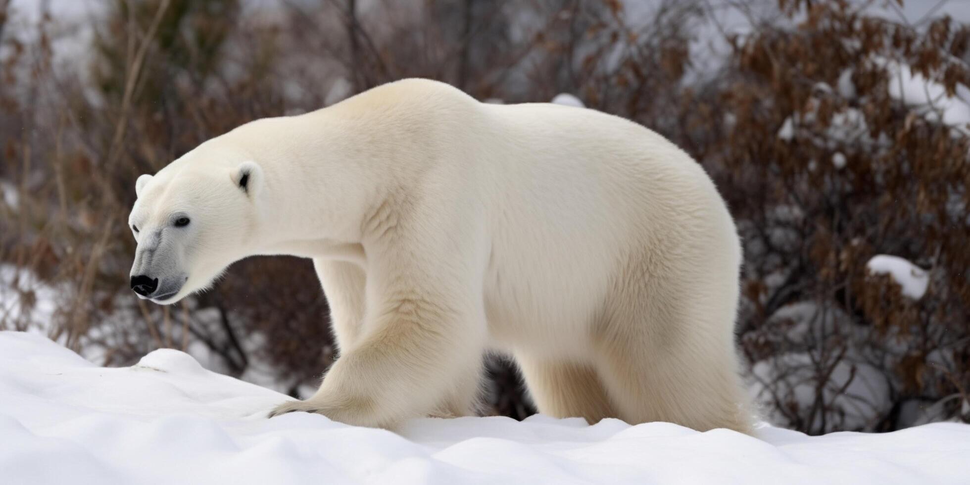 A polar bear in the snow with snow in the ground photo