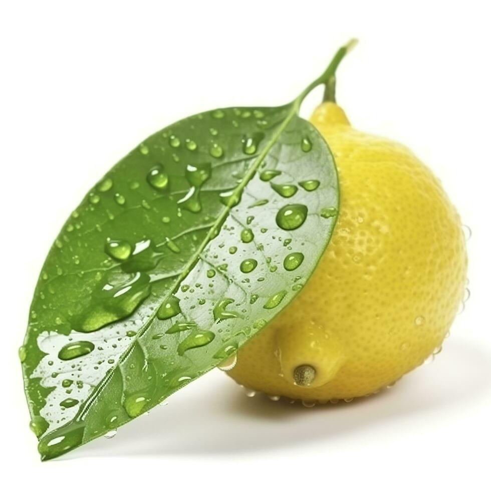 Citrus Lemon leaf with water drops isolated on white background, generate ai photo