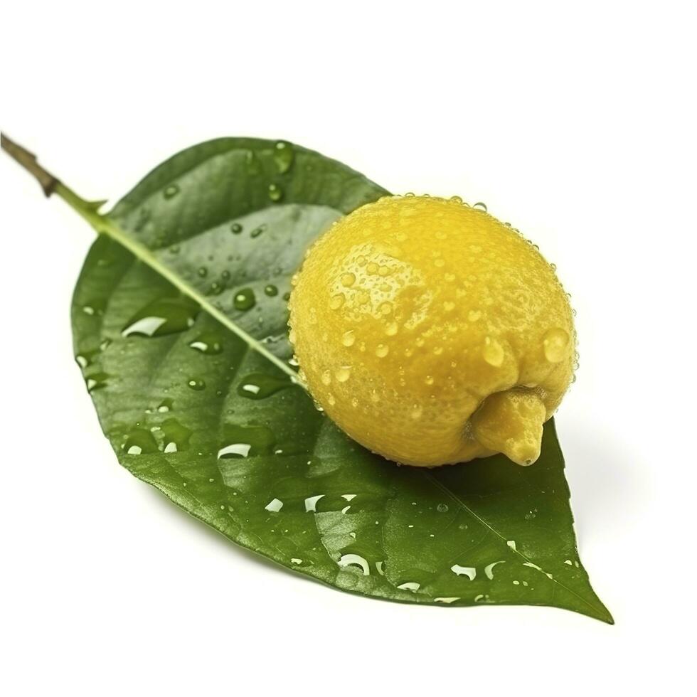 Citrus Lemon leaf with water drops isolated on white background, generate ai photo