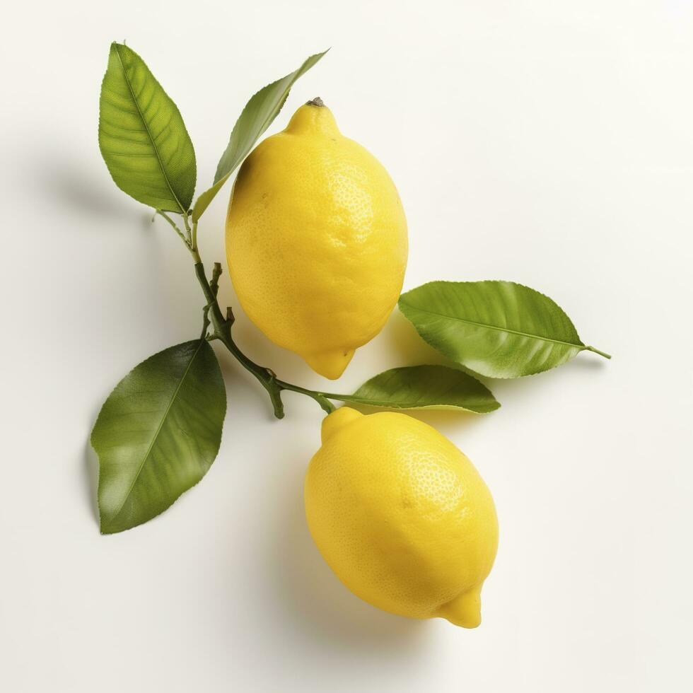 Branch of juicy lemons with leaves isolated on white background, generate ai photo