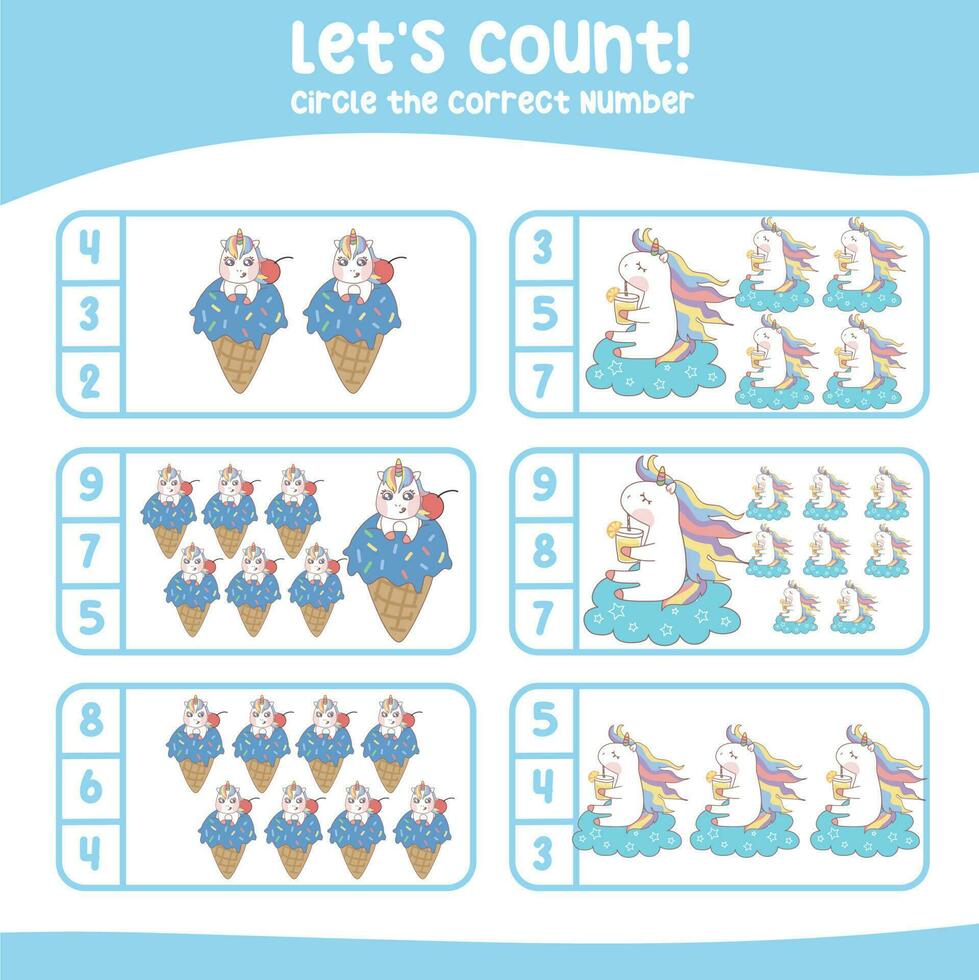 Lets count unicorn worksheet. Count and Match Unicorn for children. Math Worksheet for Preschool. Educational printable math worksheet. Vector illustration.