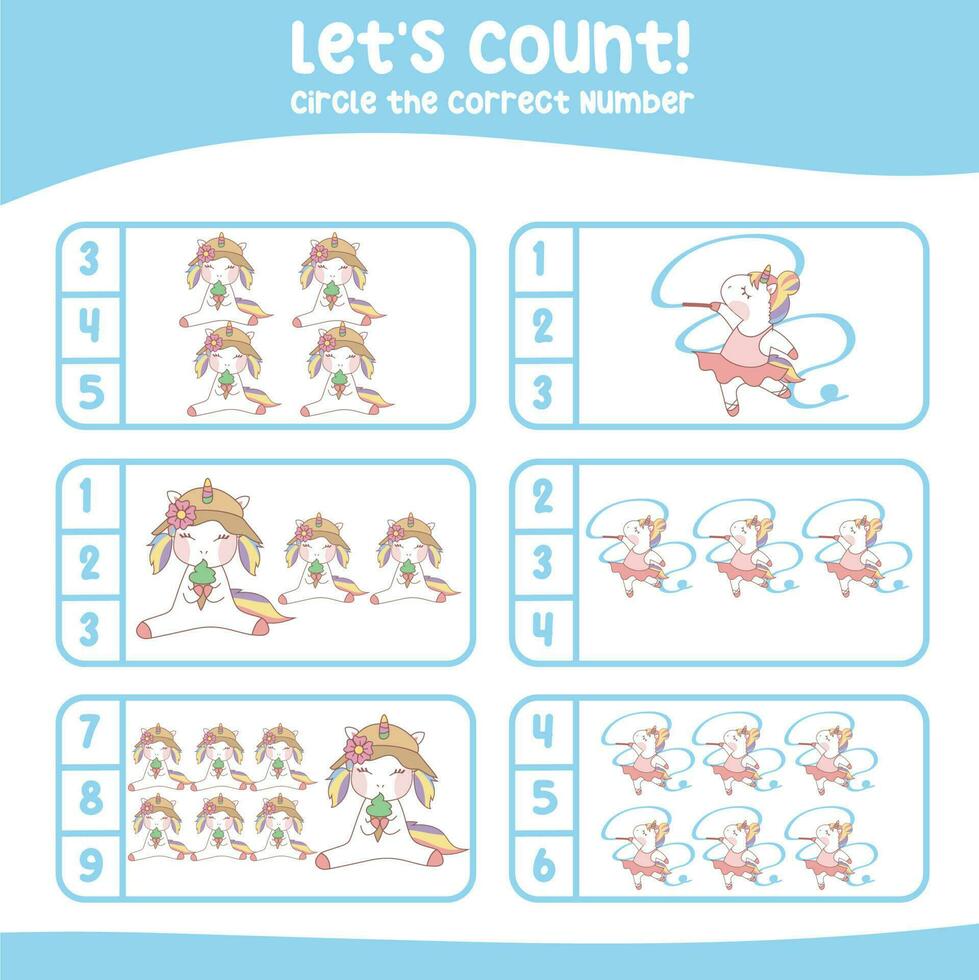 Lets count unicorn worksheet. Count and Match Unicorn for children. Math Worksheet for Preschool. Educational printable math worksheet. Vector illustration.