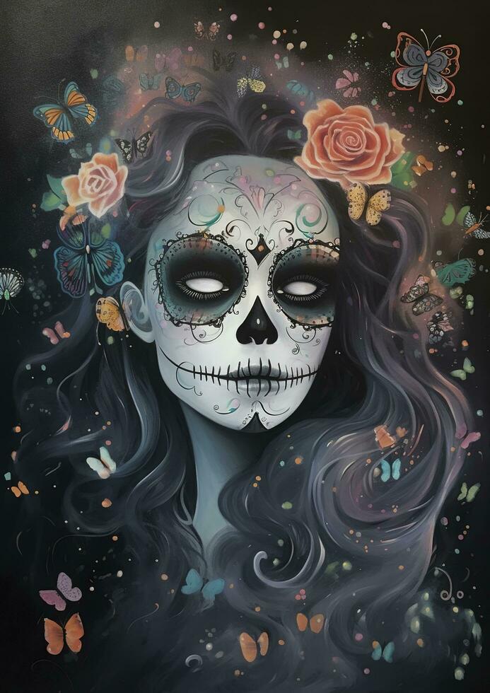 día de el muerto calaveras dia Delaware los muertos. día de el muerto y mexicano Víspera de Todos los Santos antecedentes. mexicano tradicion festival. día de el muerto azúcar cráneo. dia Delaware los muertos, generar ai foto