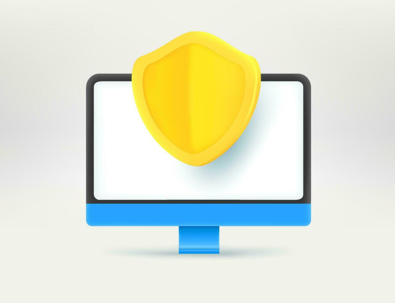 Modern computer with golden shield. Computer security concept. 3d vector illustration