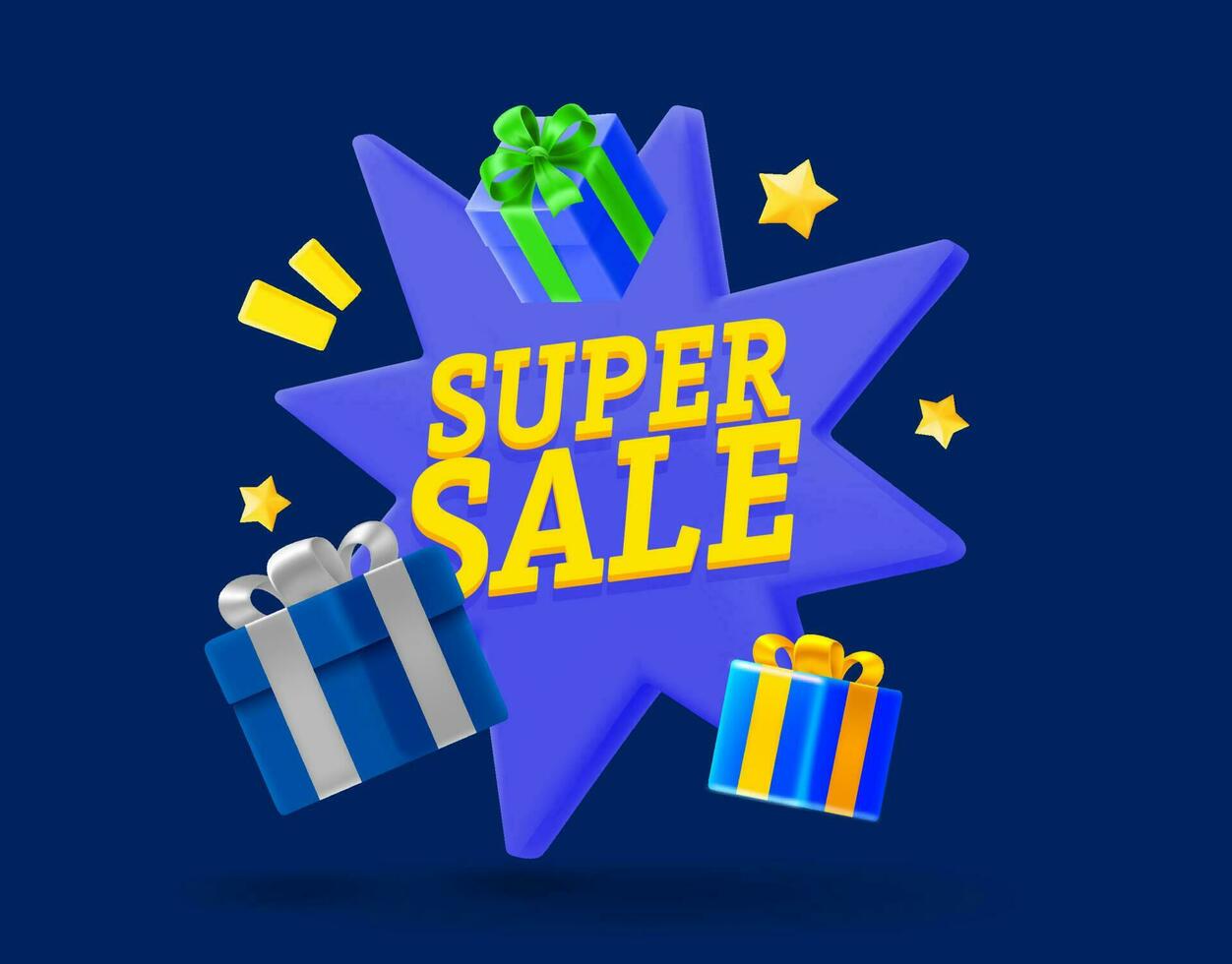 Super sale concept with gift boxes. 3d vector banner