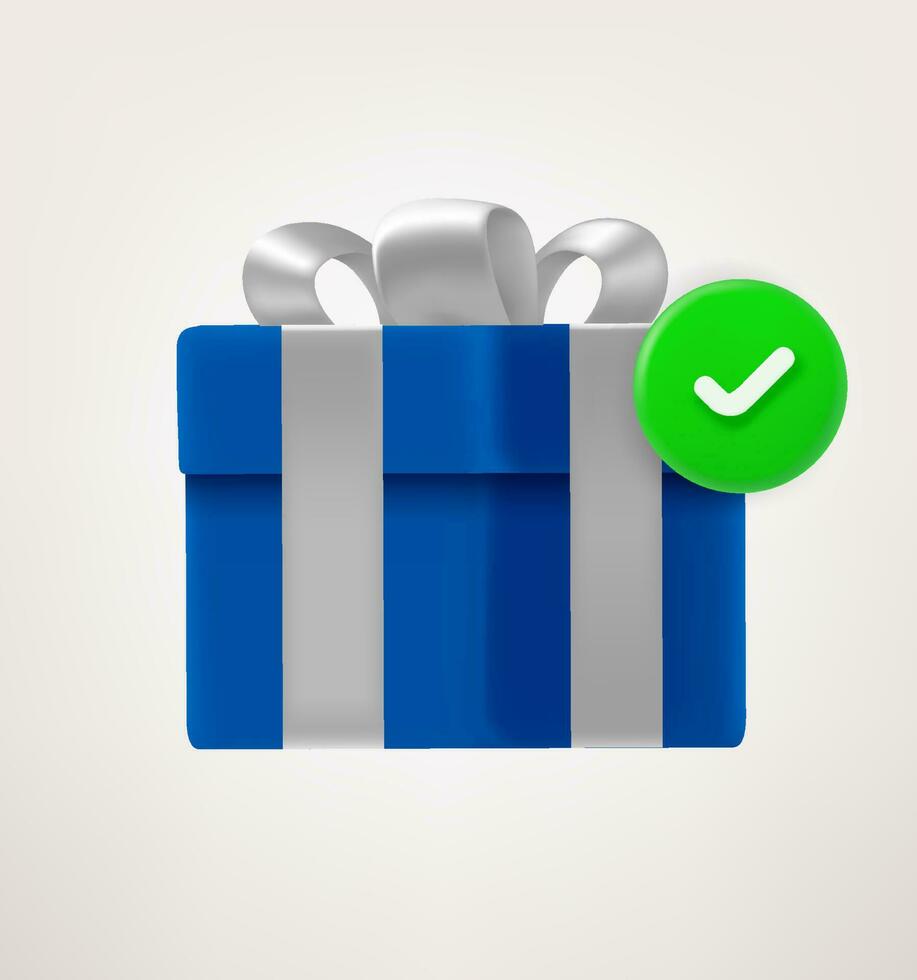 Gift box with green checkmark. 3d vector icon