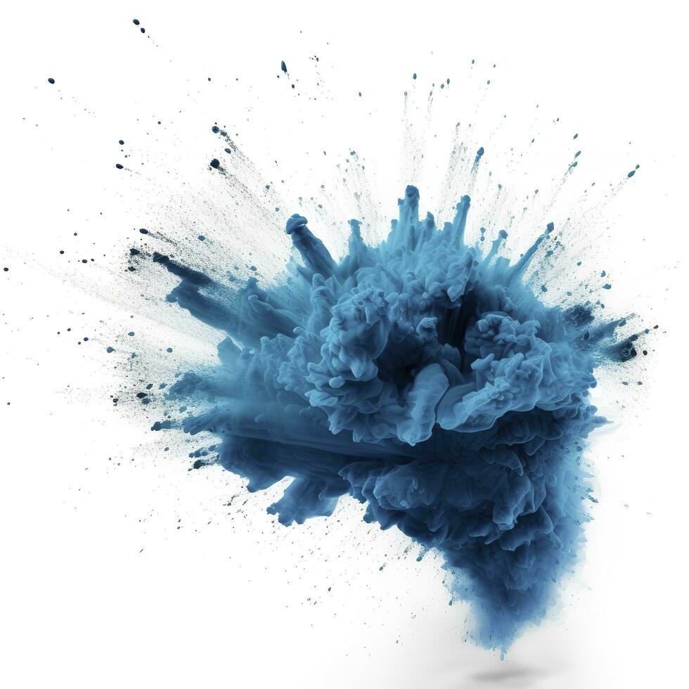 Abstract blue dust explosion on white background. Freeze motion of blue powder splash. Painted Holi in festival, generate ai photo