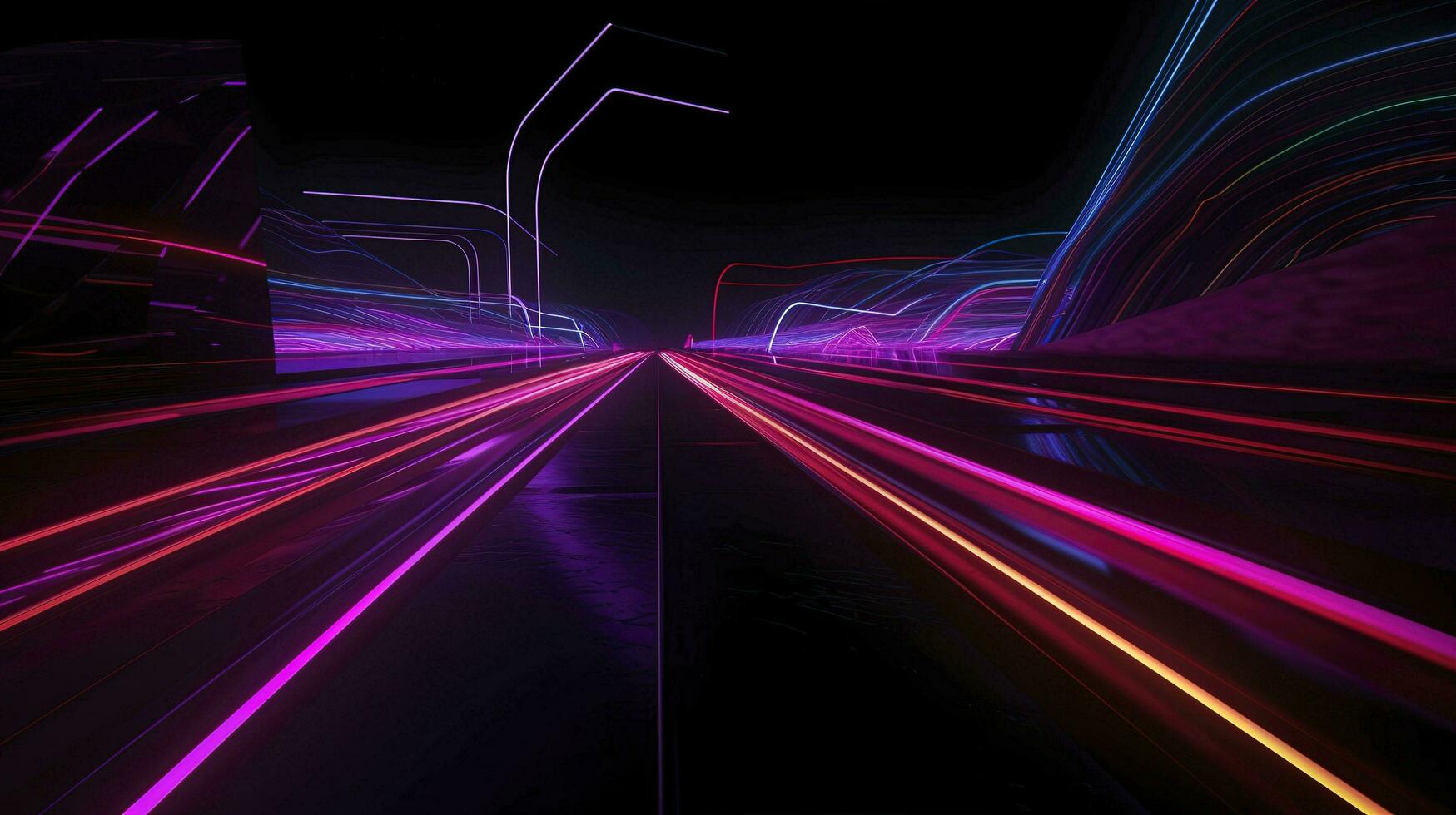 light lines with bright colors in a dark environment, in the style of futuristic landscapes, vibrant skylines, light bronze and magenta, light crimson and light blue, generat ai photo