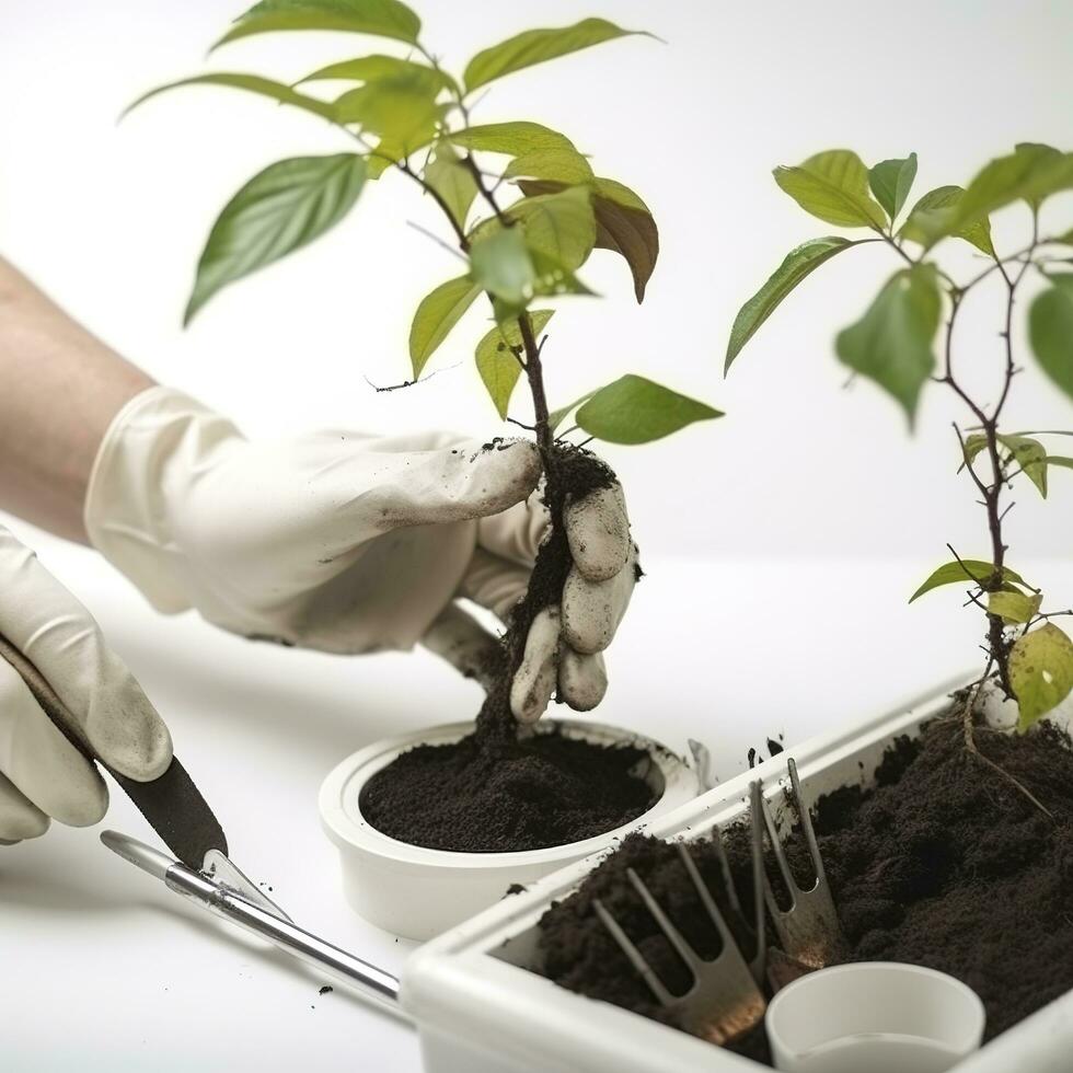 Close up on transplanting process of plants, isolated on white background, generate ai photo