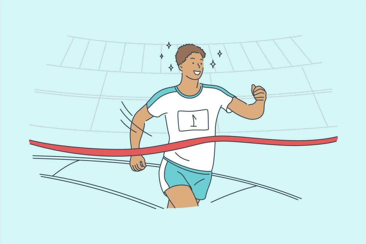 Triumph, sport, victory, success, championship concept. Young happy excited smiling african american man guy athlete runner crosses finish line with ribbon at human race. Goal achievement illustration vector