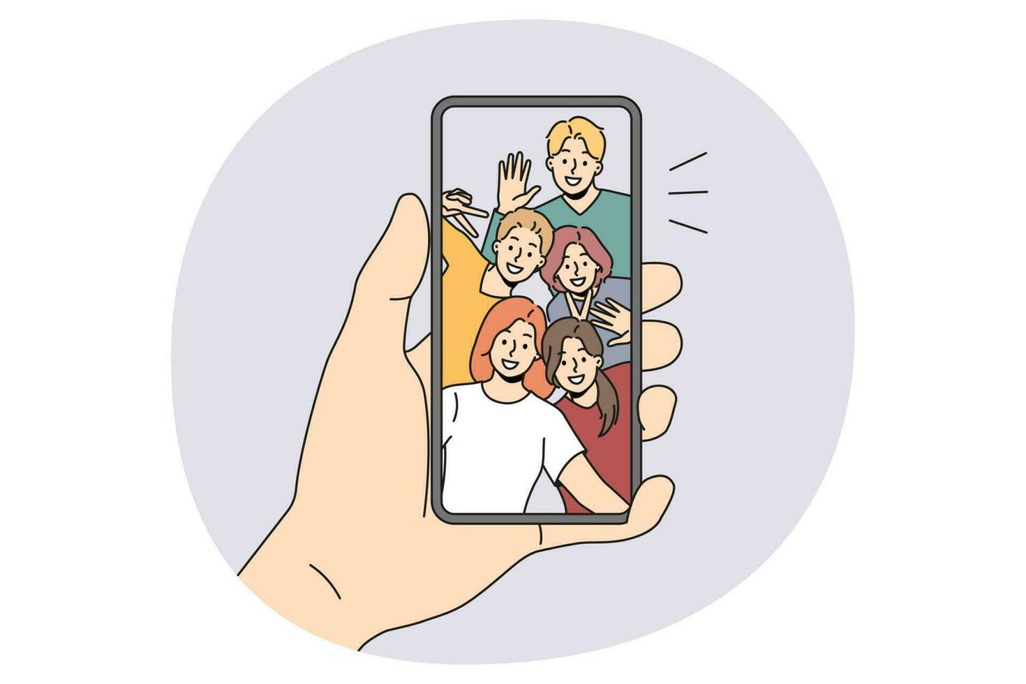 Person talk on video call with diverse friends vector