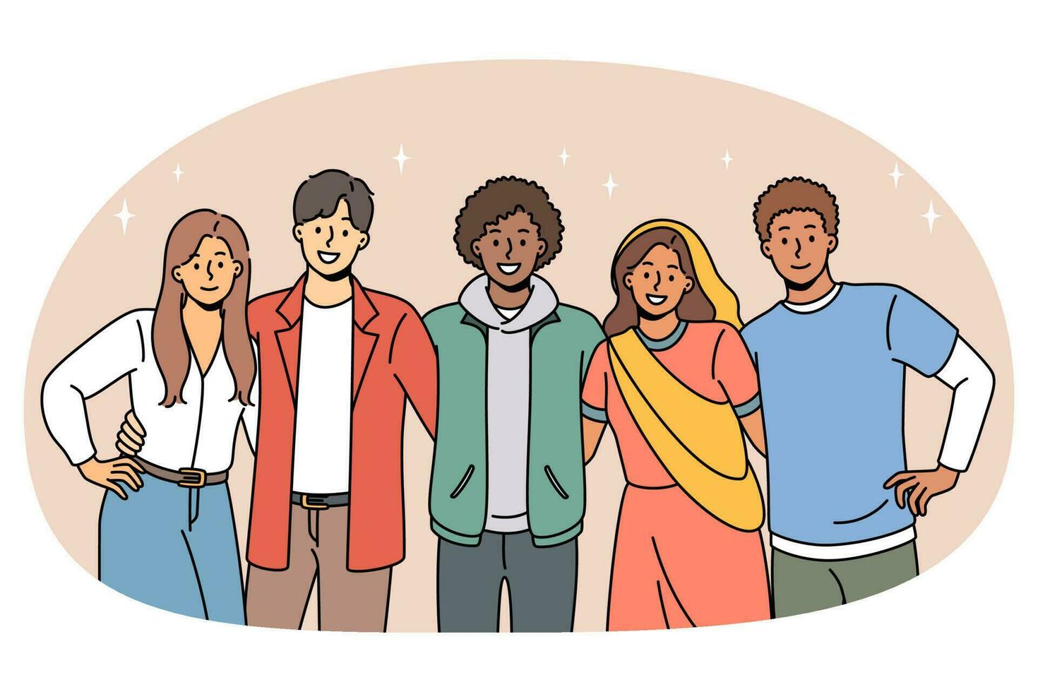 Multicultural smiling friends pose hug together vector