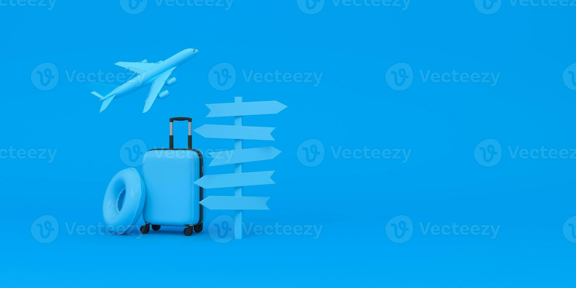 Luggage, Airplane fly, float and White crossroads signage pointing different directions on blue background. vacation concept. photo