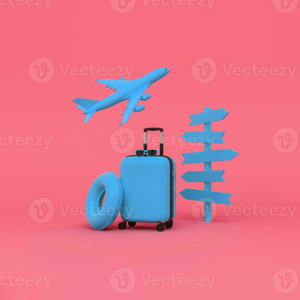 Luggage, Signpost, float and Airplane on pink background. Vacation Destination concept. photo