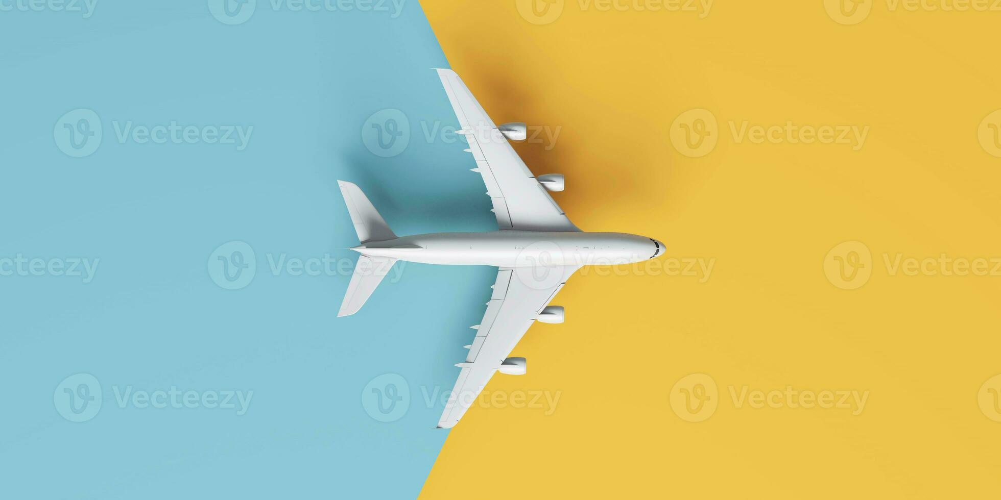 Flat lay design of travel concept with plane on yellow and blue runway. photo