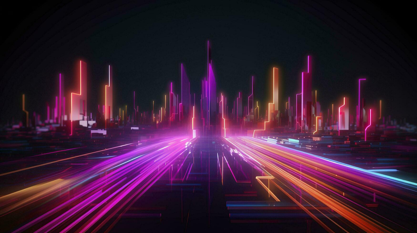 light lines with bright colors in a dark environment, in the style of futuristic landscapes, vibrant skylines, light bronze and magenta, light crimson and light blue, generat ai photo