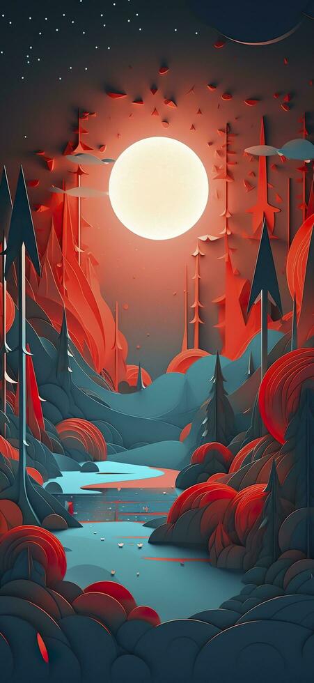 papercut art night sky night, Sky blue solid color background, Colors are predominantly blue and red in the style of rendered in cinema, generate ai photo