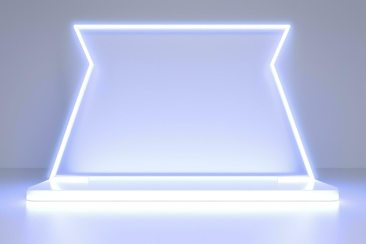 Realistic podium display with neon white lights, Product display background with light frame, White prodium product display with light effect, neon lights background, generate ai photo