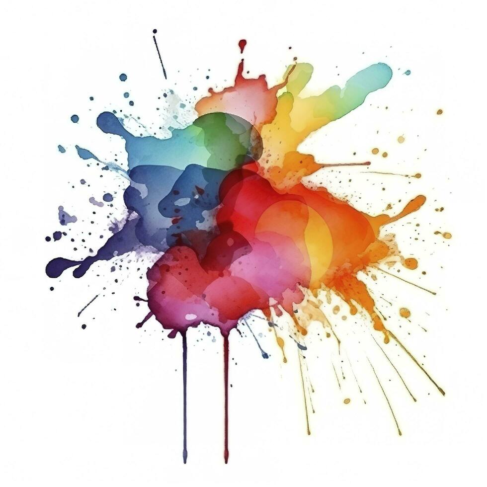 Bright colorful watercolor stain splash splatter brush stroke on white background. Modern vibrant aquarelle spot. Decorative trendy isolated design on white. Element, generate ai photo