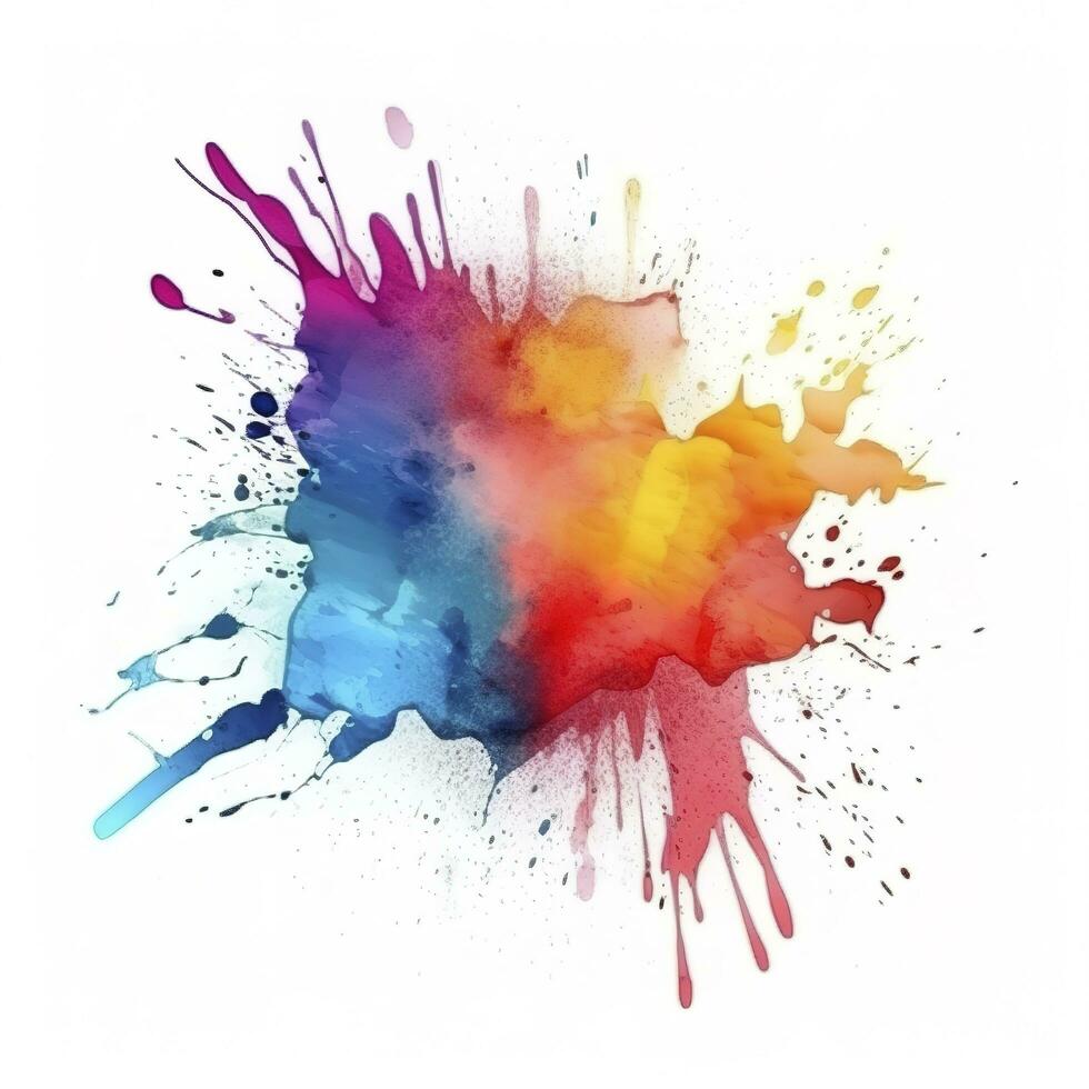 Bright colorful watercolor stain splash splatter brush stroke on white background. Modern vibrant aquarelle spot. Decorative trendy isolated design on white. Element, generate ai photo