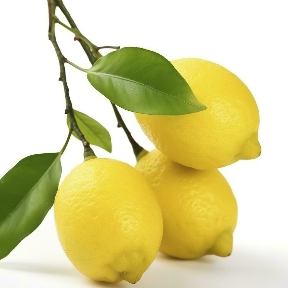 Branch of juicy lemons with leaves isolated on white background, generate ai photo