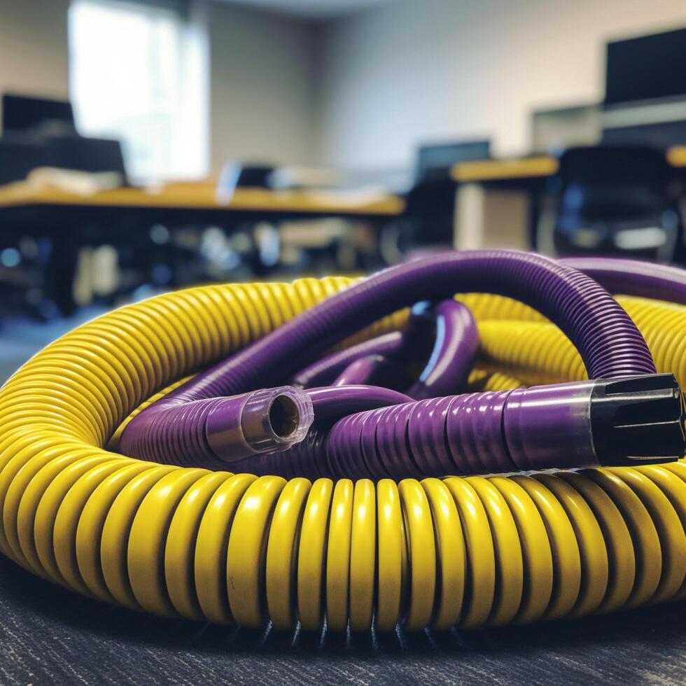 A purple and yellow hose is laying on table photo