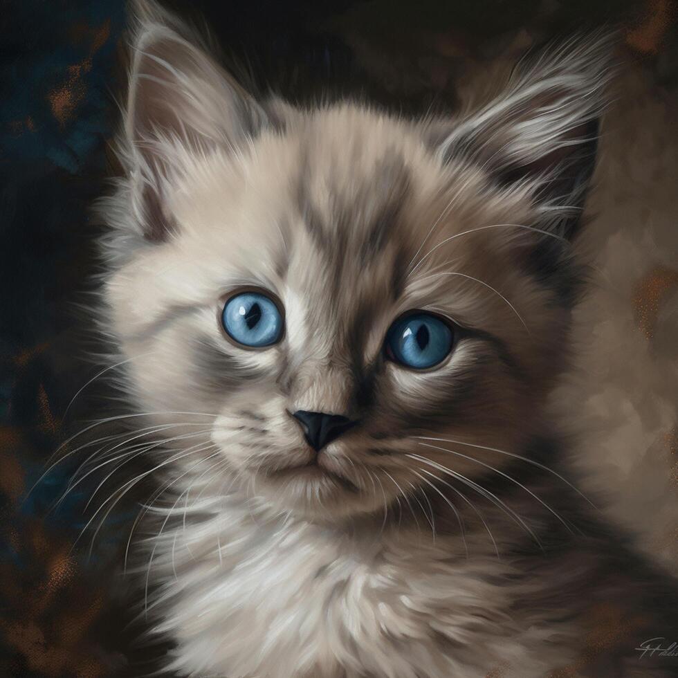 A painting of kitten with blue eyes photo