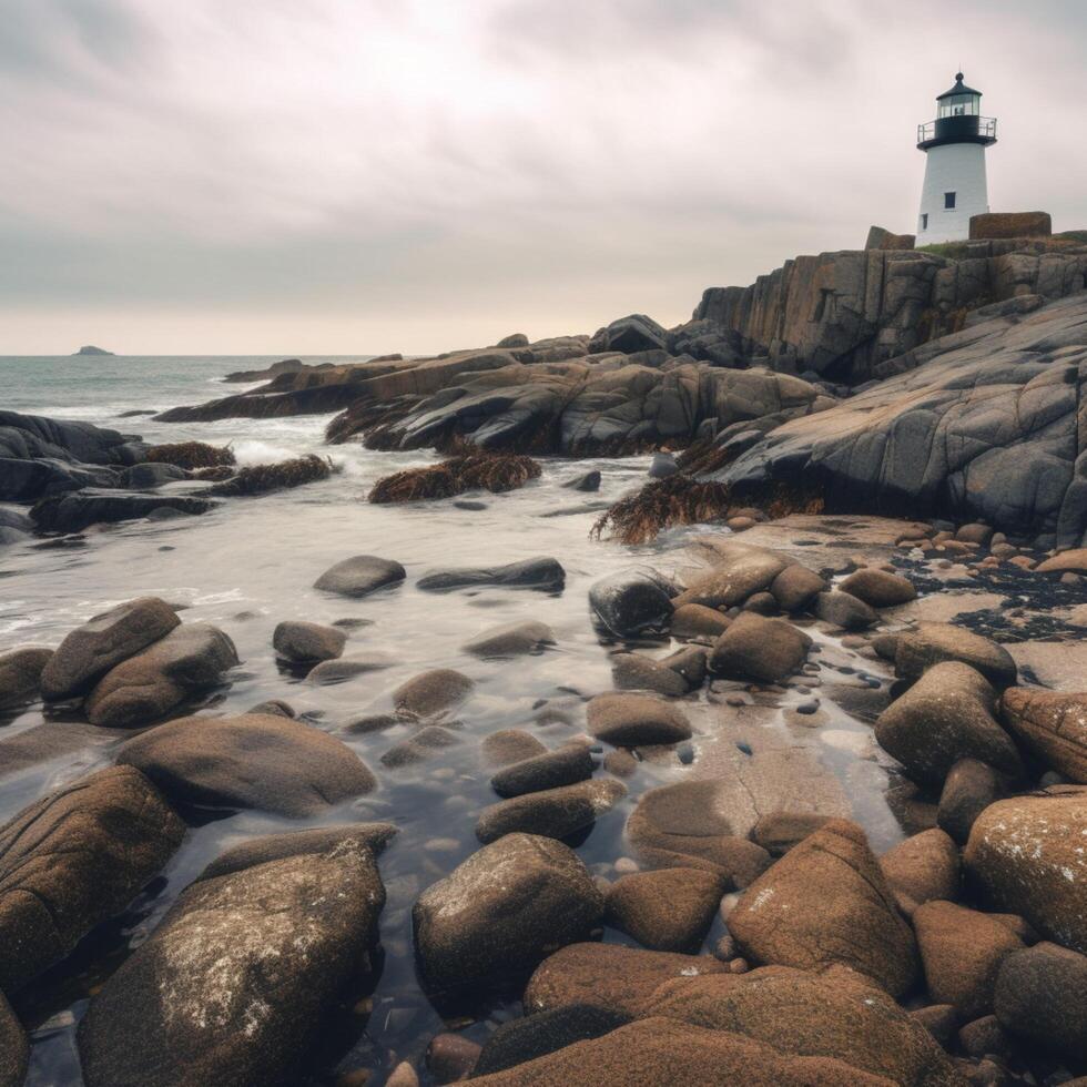 A rocky beach with a light house on it photo