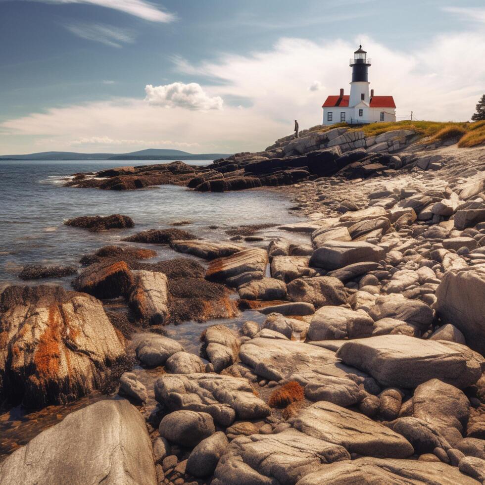 A rocky beach with a light house on it photo