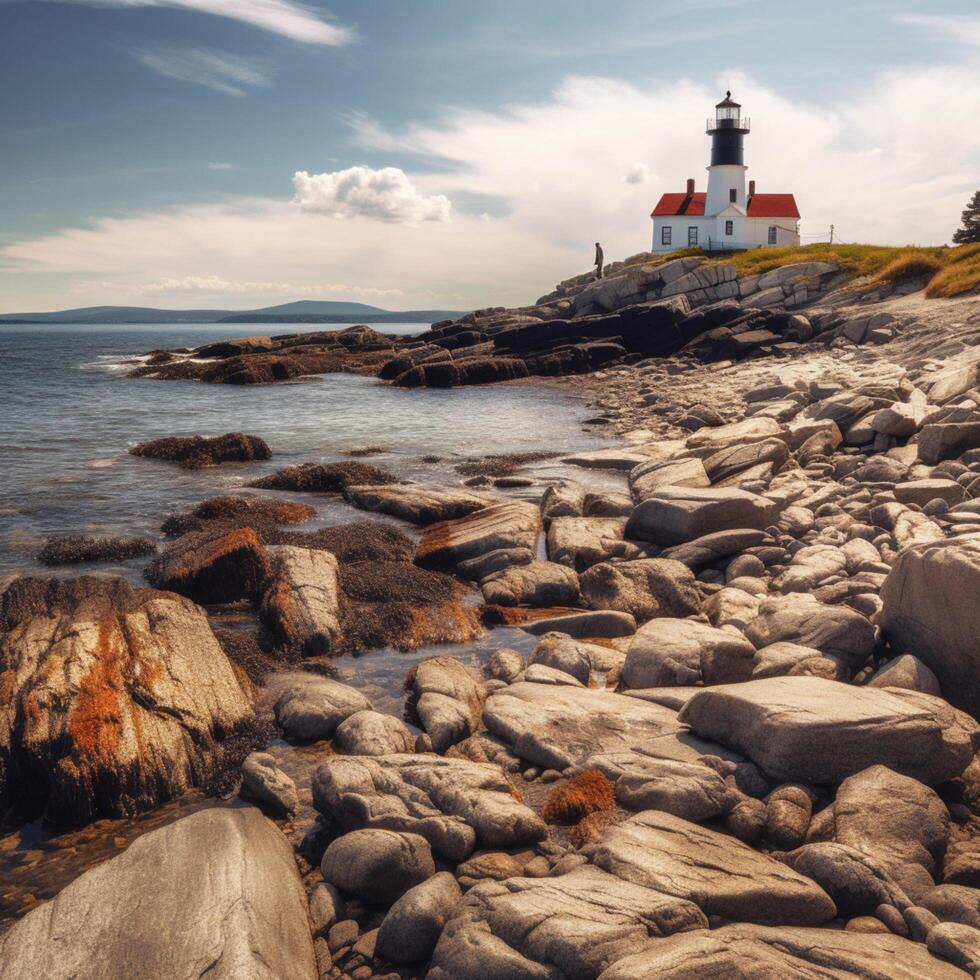 A rocky beach with a light house on it photo