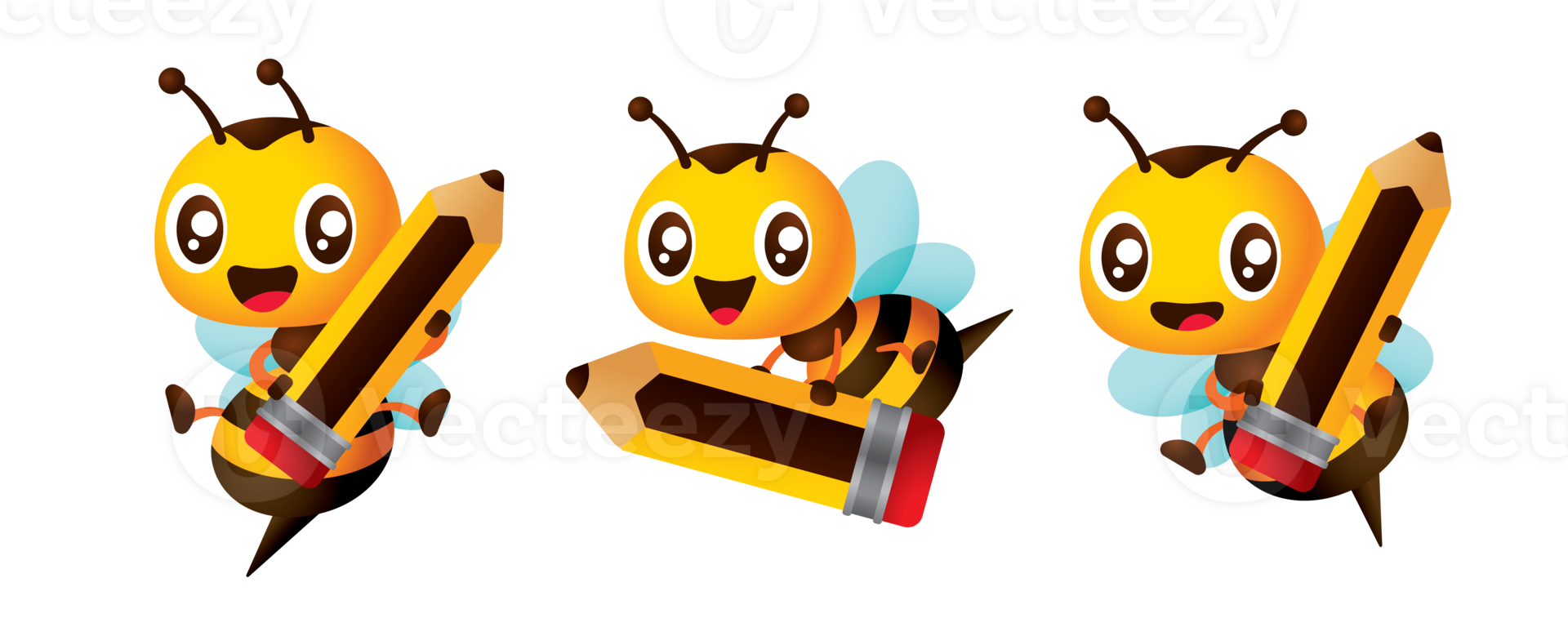collection dessin animé mignonne abeille en portant crayon pour retour à école éducation mascotte ensemble illustration png