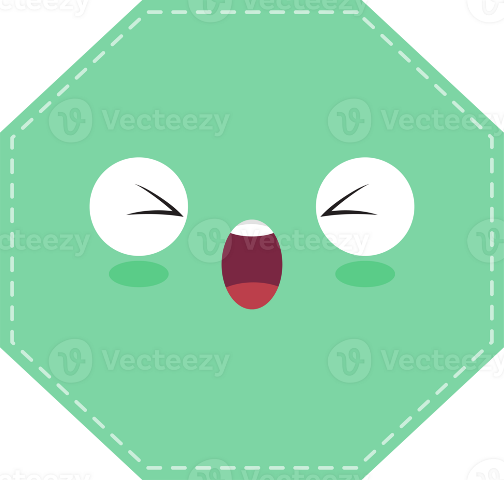 Cute green octagon shape with joyful face flat icon PNG