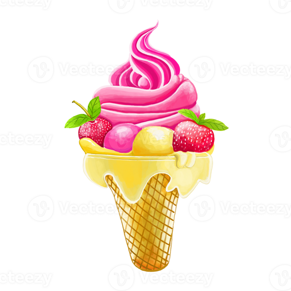 Watercolor and drawing for fresh sweet colorful strawberry and vanilla ice cream. Digital painting of homemade bakery, dessert and food illustration. png