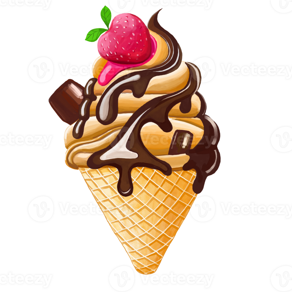 Watercolor and drawing for fresh sweet colorful chocolate, strawberry and vanilla ice cream. Digital painting of homemade bakery, dessert and food illustration. png