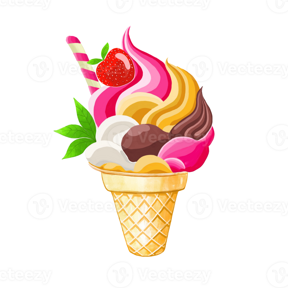 Watercolor and drawing for fresh sweet colorful chocolate, strawberry and vanilla ice cream. Digital painting of homemade bakery, dessert and food illustration. png