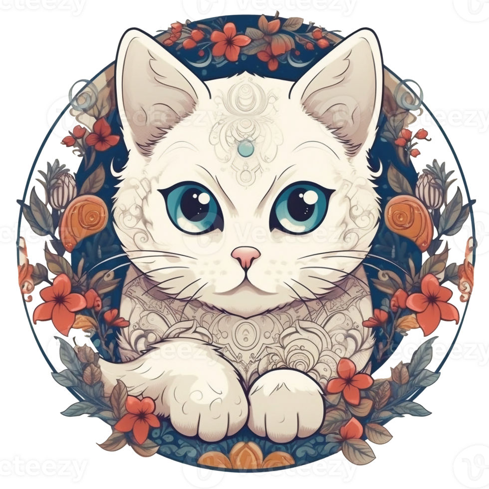 Illustration 2D cat with flower ai generate png