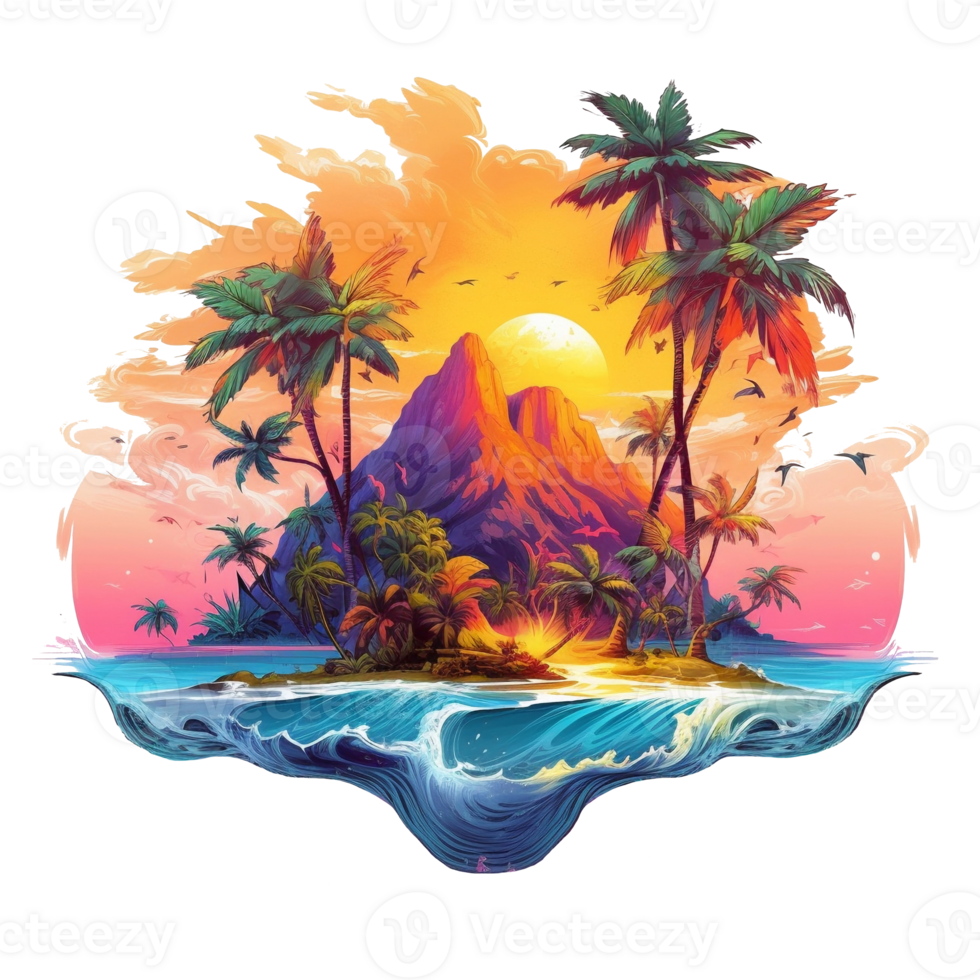ilustración 2d isla con Coco arboles ai generar png