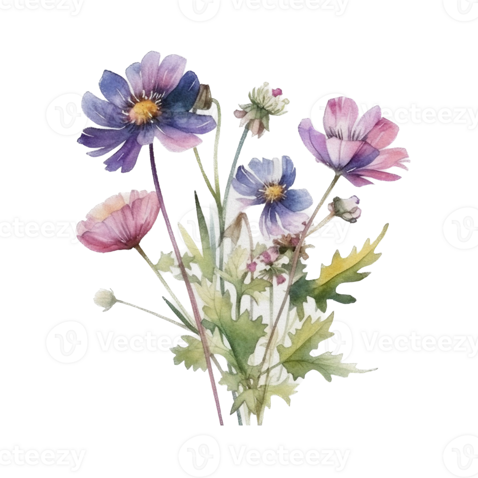 Beautiful flower with leaf watercolor ai generate png