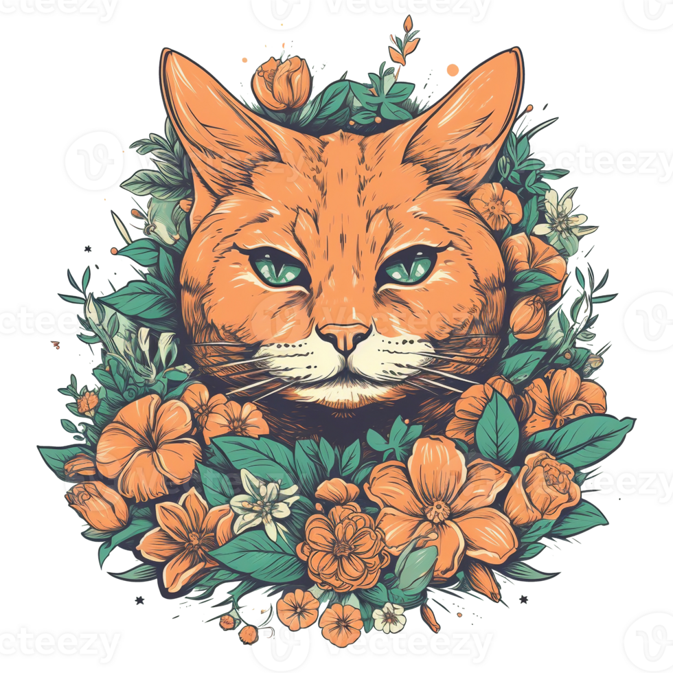 Illustration 2D cat with flower ai generate png