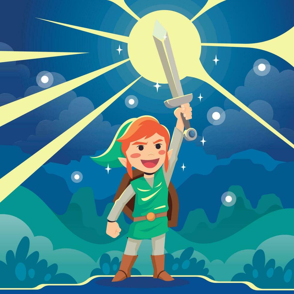 Mighty Elf Holding Magic Sword vector