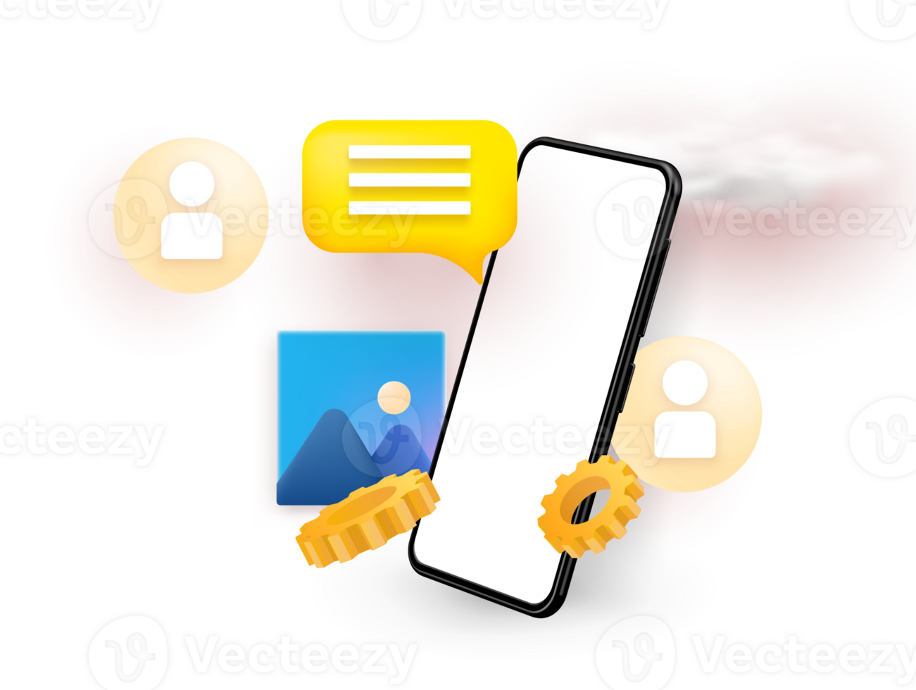 Smartphone with social media UI. Phone template. Interaction between people through social networks. Social network user interface with new likes, comments. illustration 3d style png