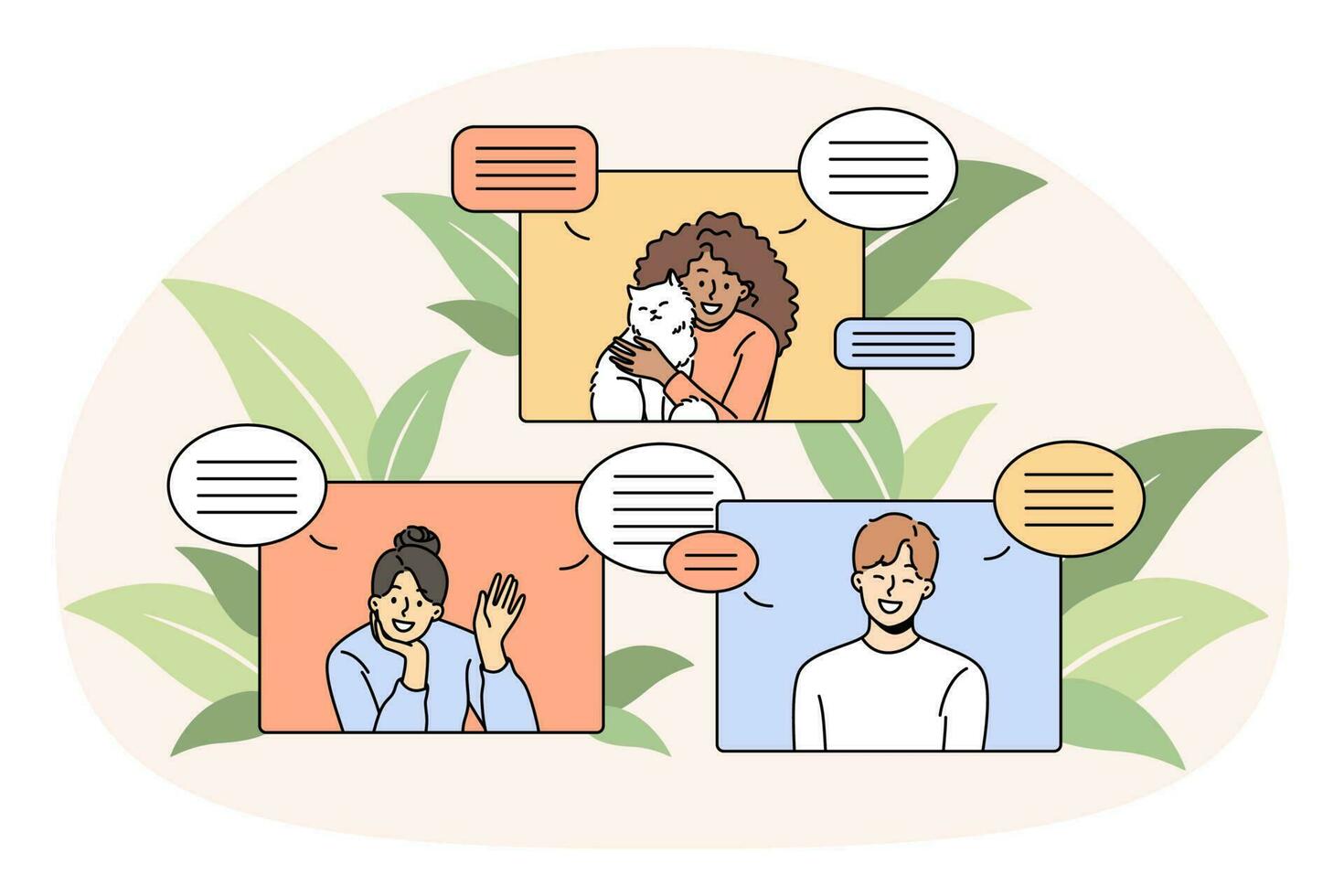 Smiling diverse people communicate online on gadget vector