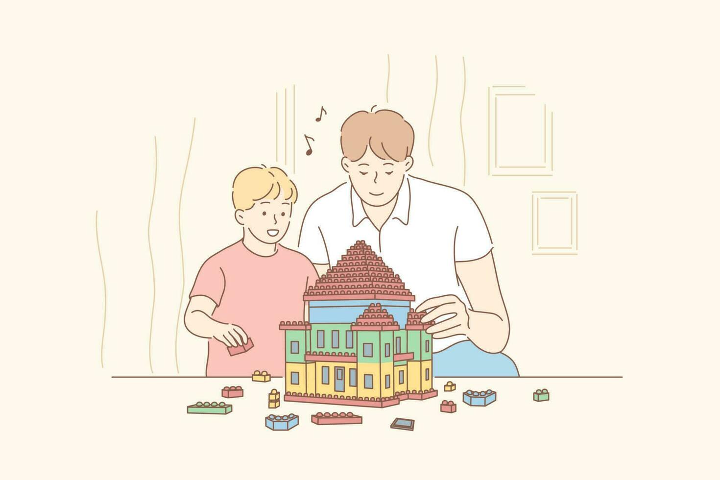 infancia, paternidad, juego, concepto. dibujos animados caracteres contento sonriente chico niño niño hijo y joven hombre padre jugando, edificio casa desde detalles. familia padres día y gracioso ocio tiempo. vector