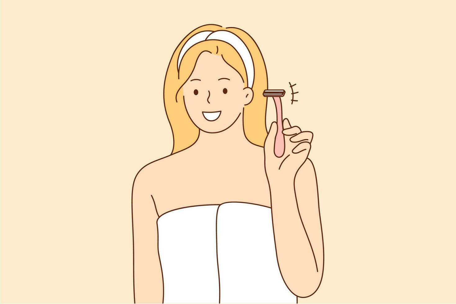 Beauty, fashion, skincare, advertising concept. Young happy smiling woman girl cartoon character standing holding razor looking at camera. Hair depilation ads and cosmetics promotion illustration. vector