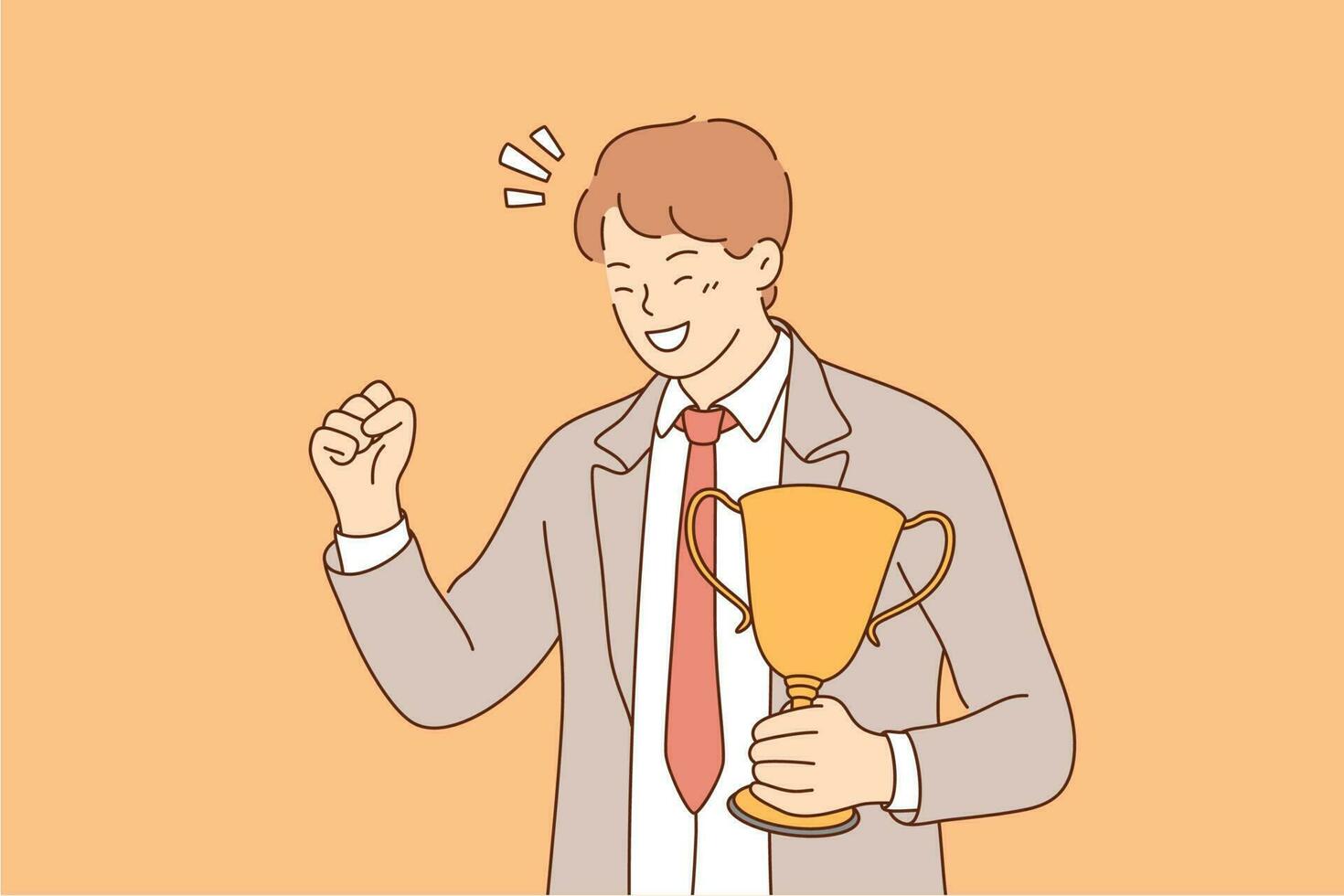 Success, celebration, win, goal achievement, business concept. Happy smiling young businessman clerk leader stands with cup, celebrating victory. Reaching purposes and winning competition illustration vector