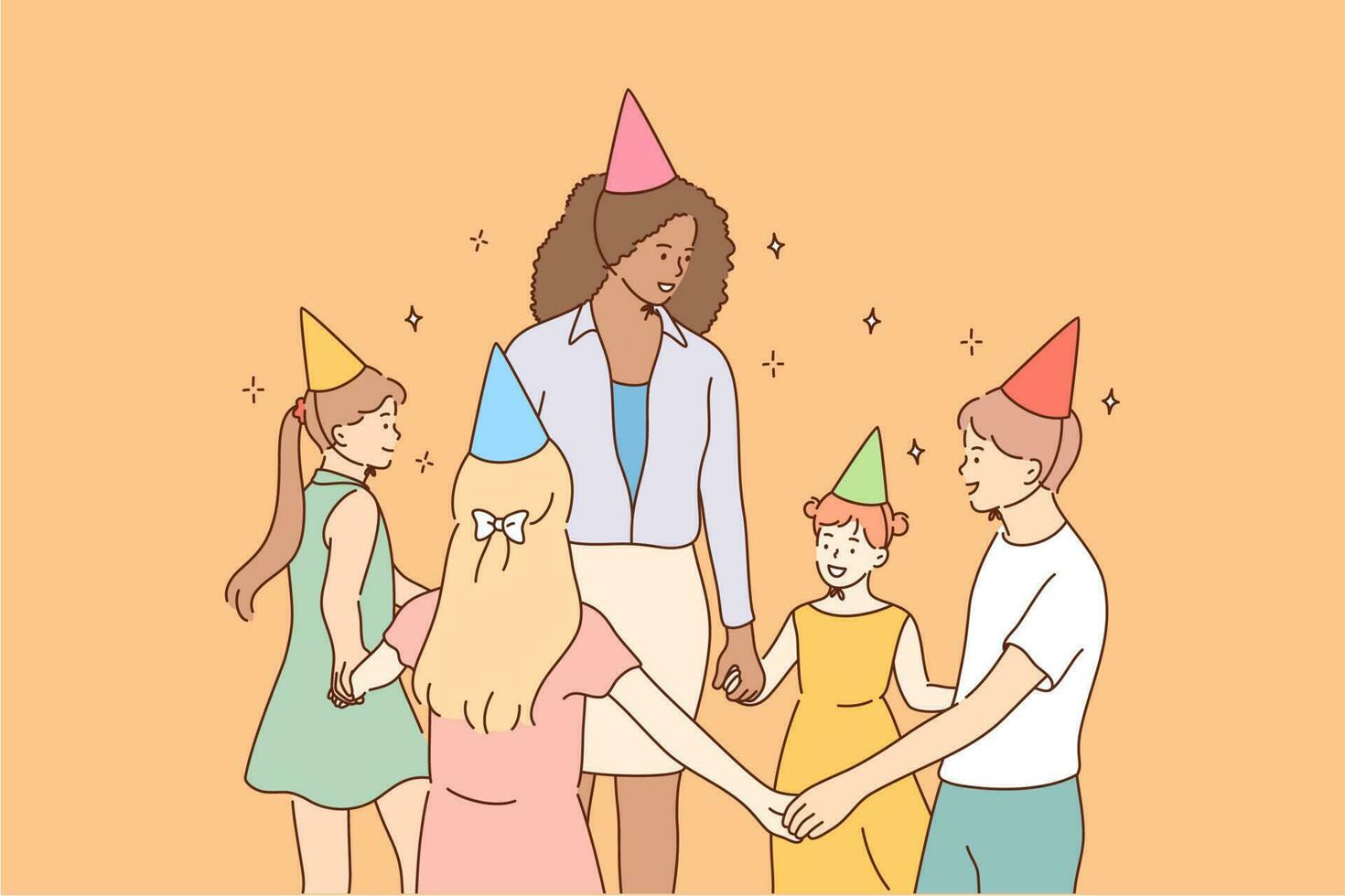 Entertainment, holiday, education, celebration, childhood concept. Young smiling african american woman teacher character leads roundelay with children kids pupils in kindergarten celebrating birthday vector