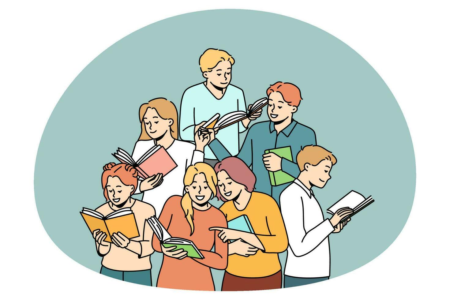 Happy diverse students learning with books together vector