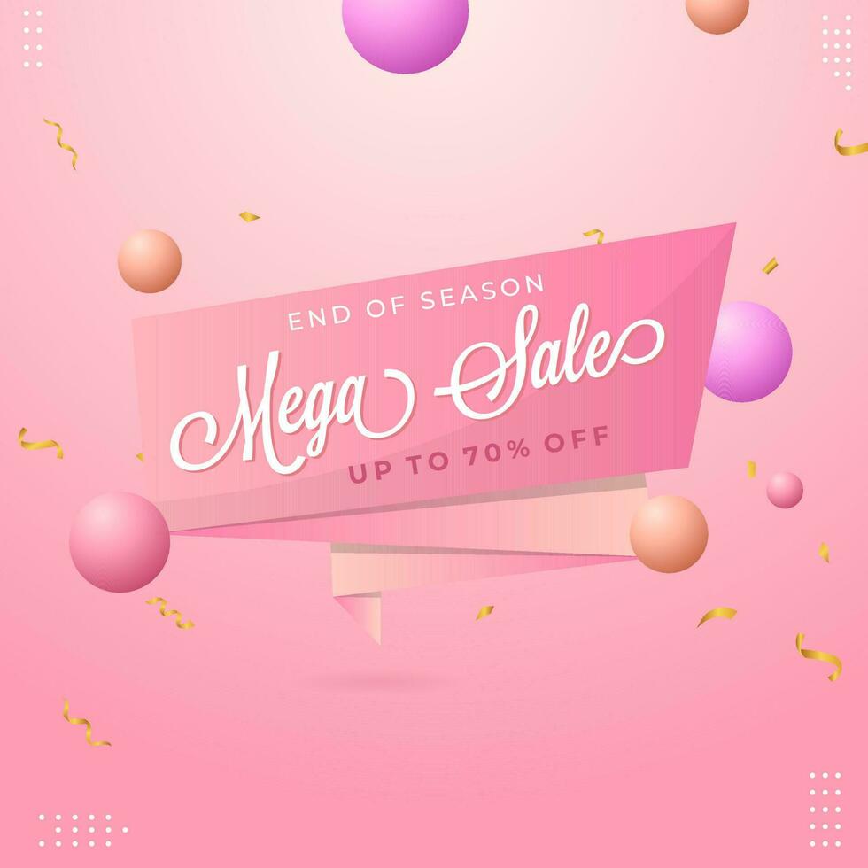 End Of Season Mega Sale Poster Design With Discount Offer, 3D Balls And Golden Ribbon On Glossy Pink Background. vector