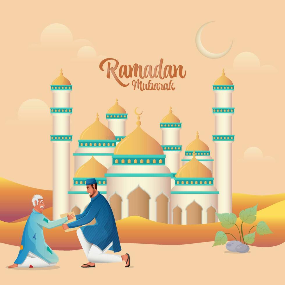 Ramadan Kareem Concept With Muslim Man Giving Something To Elder Beggar In Front Of Mosque On Peach Background. vector