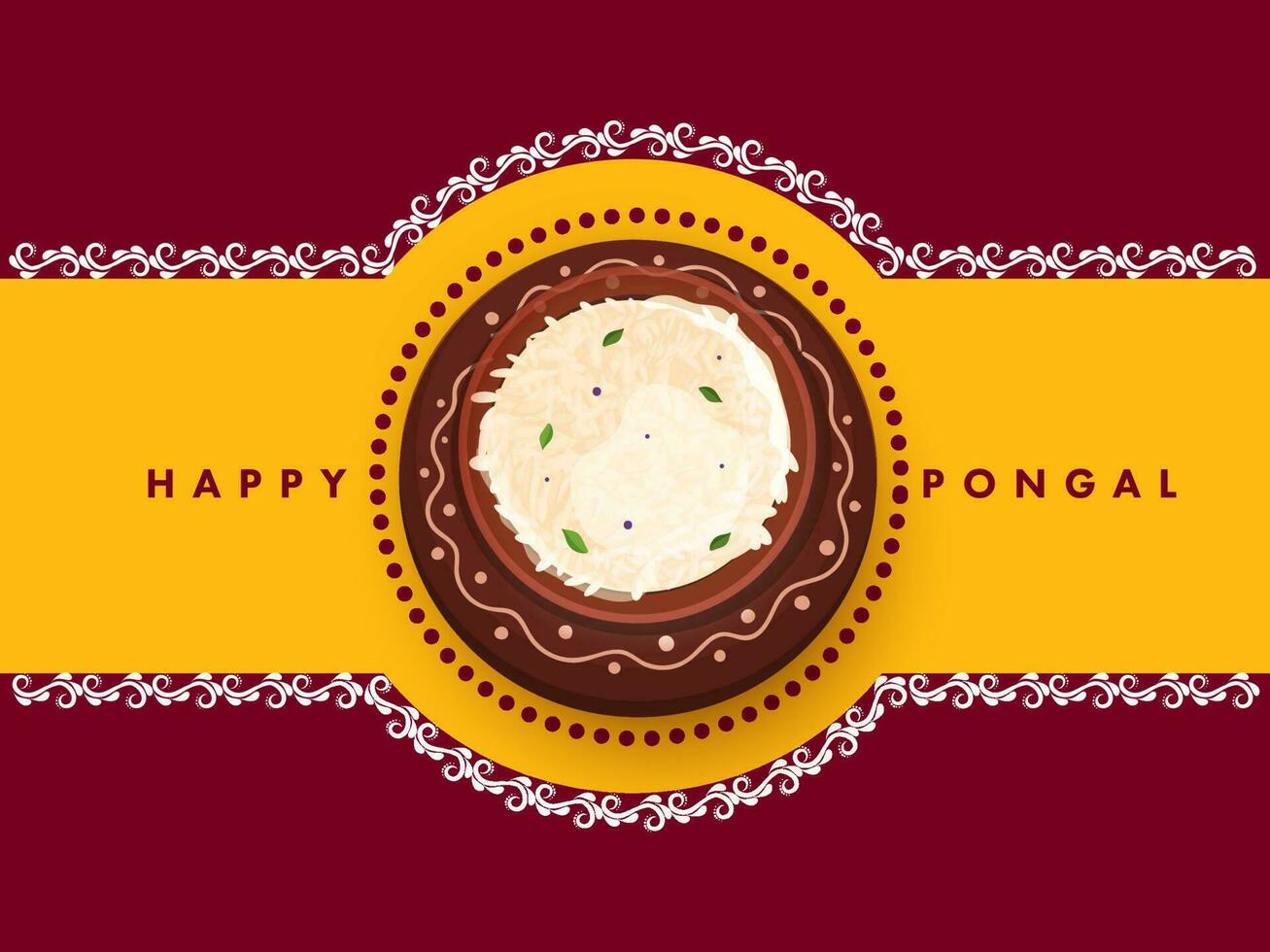 contento pongal celebracion concepto con parte superior ver de tradicional plato en arcilla maceta en amarillo y burdeos antecedentes. vector